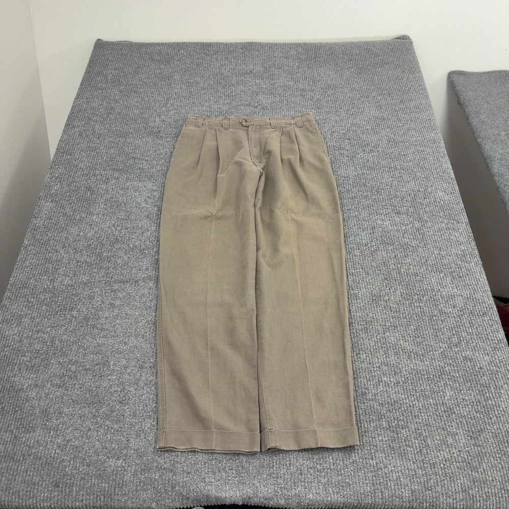 Vintage Dockers Pants Mens 34x32 Tan Linen Cotton Pleated Cuffed Classic Casual